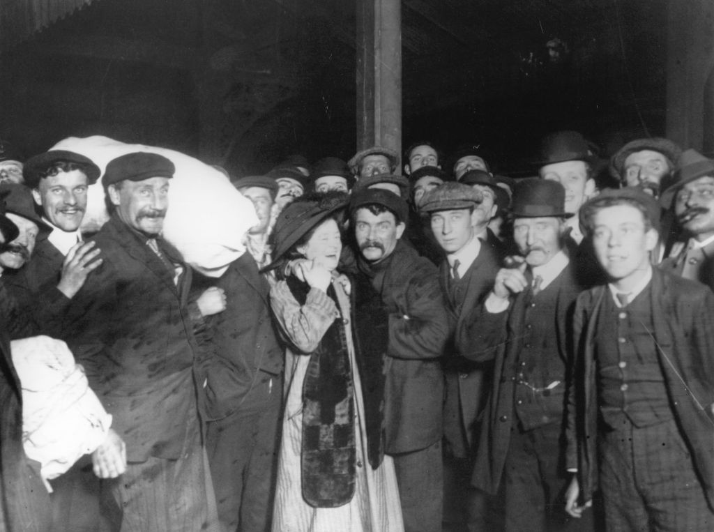 Survivors of the Titanic disaster are greeted by their relatives upon their safe return to Southampton.