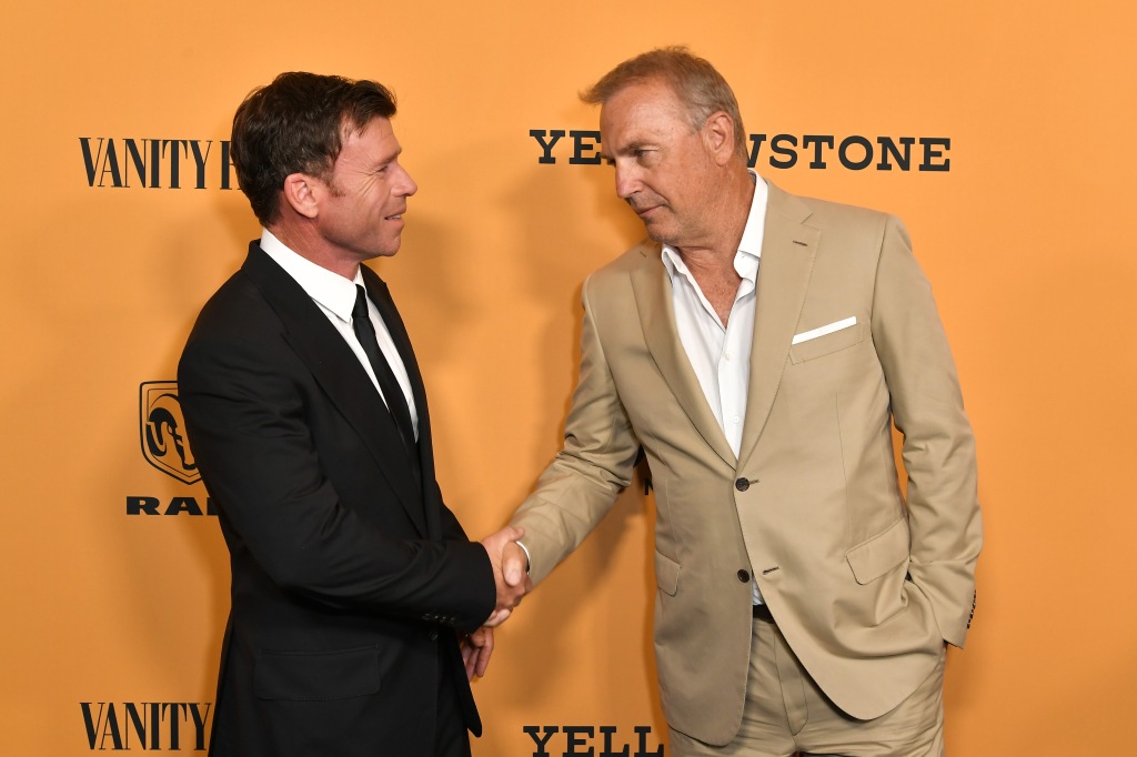 Taylor Sheridan with Kevin Costner, shaking hands. 