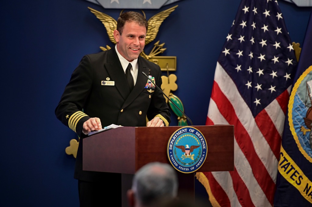 Capt. Bradley D. Geary, commanding officer of Naval Special Warfare Basic Training Command, speaks during the Vice Adm. James Bond Stockdale Leadership Award ceremony.