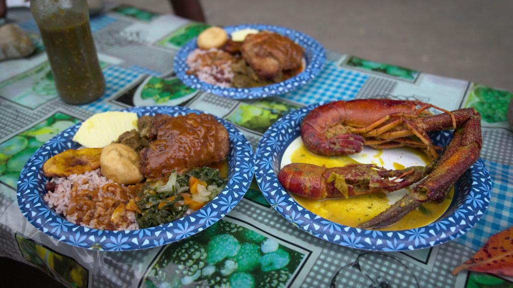 Plates of food, including rice and meat. 