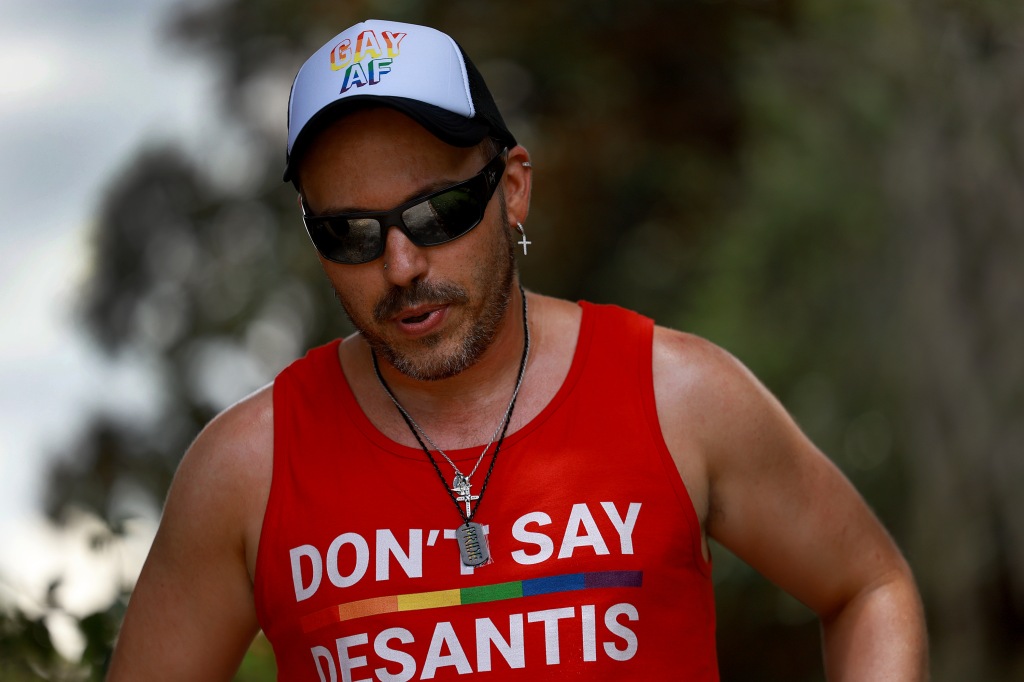 Billy Thomas-Weinert wears a T-shirt that reads, 'Don't Say DeSantis.'