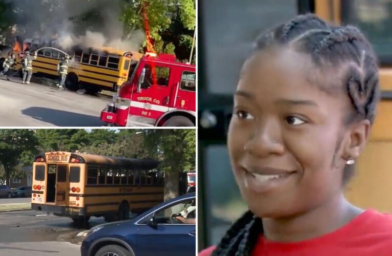 Pregnant school bus driver Imunek Williams evacuates students seconds before bus bursts into flames