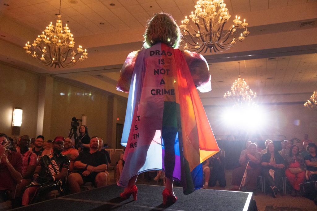 Drag queen wears "Drag is not a crime" outfit at Miss Gay Days Pageant.