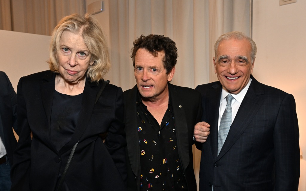 Martin Scorsese and his wife, Helen Morris, pose with Michael J. Fox during the Museum of the Moving Image's 2023 Spring Moving Image Awards on Tuesday.