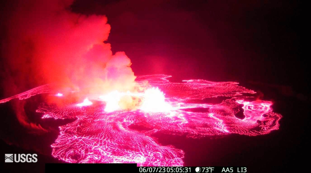 In this webcam image provided by the U.S. Geological Survey, an eruption takes place on the summit of the Kilauea volcano in Hawaii.