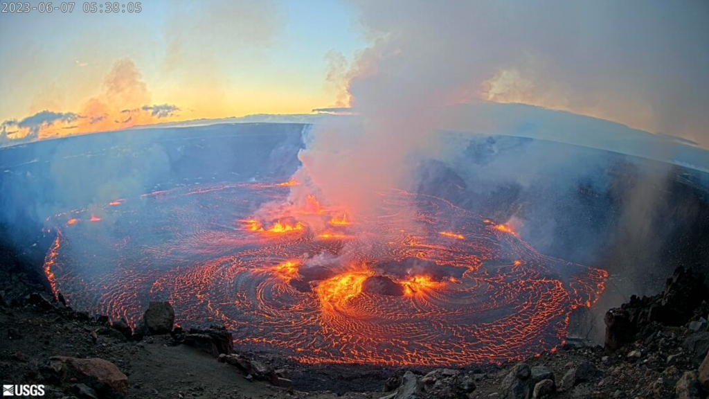 In this webcam image provided by the U.S. Geological Survey, an eruption takes place on the summit of the Kilauea volcano in Hawaii.