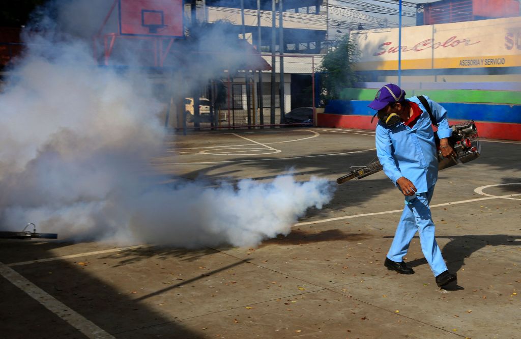 A worker of the Health Ministry fumigates against the Aedes aegypti mosquito to prevent the spread of dengue fever in Managua.
