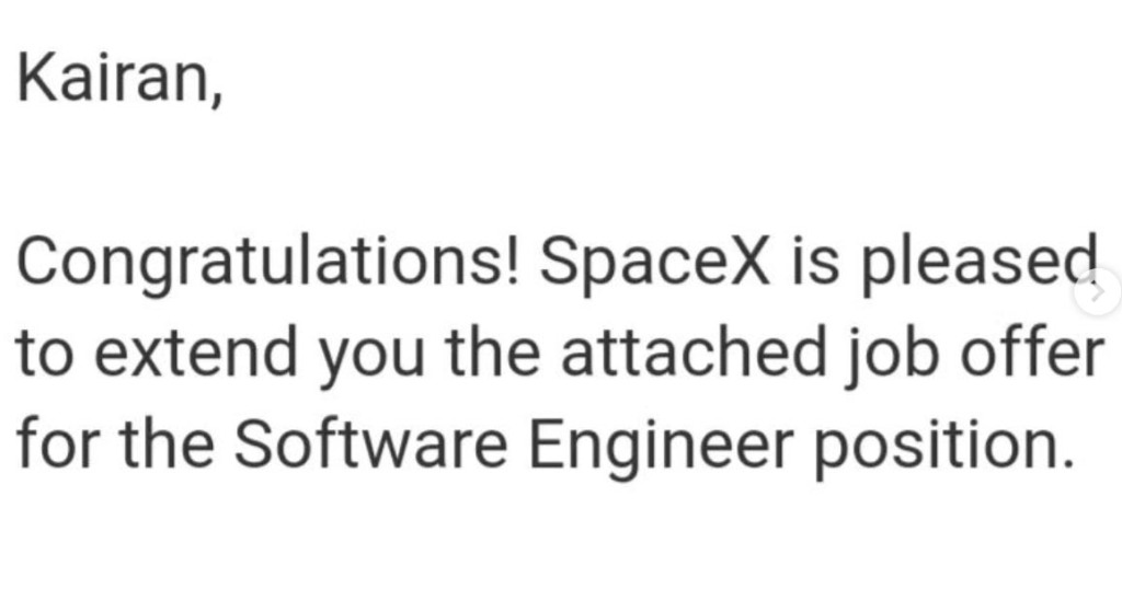 Kairan Quazi SpaceX Job Offer