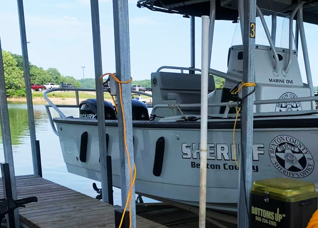 Benton County Sheriff's Office patrol boat is parked in waters of Beaver Lake in Arkansas