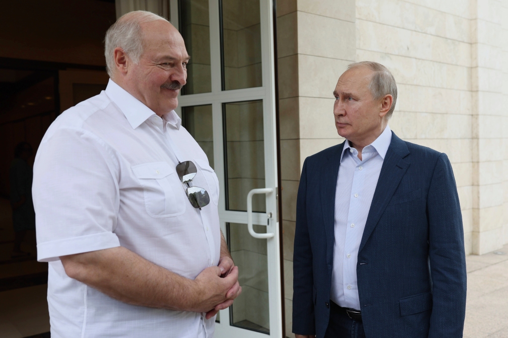 Lukashenko said he was able to calm Putin and seek a peace deal. The two are pictured earlier this month. 