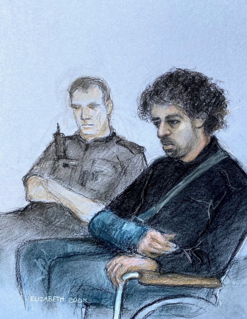 Courtroom sketch showing De Zoysa in a wheelchair at his trial.
