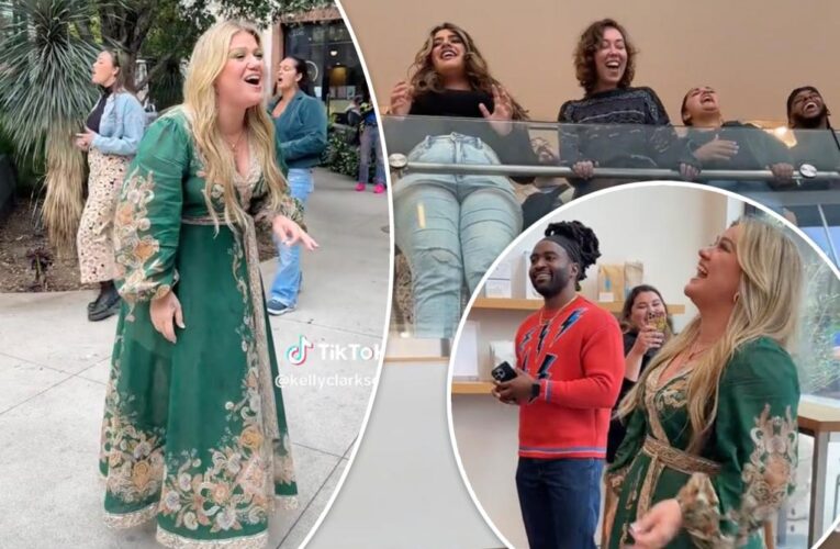 Kelly Clarkson serenades LA shopping center goers with a surprise concert
