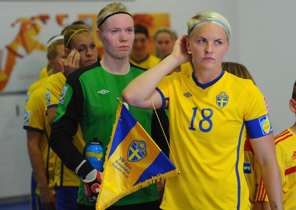 Nilla Fischer of Sweden (R) waits in the tunnel prior to the FIFA Women's World Cup 2011 3rd Place Playoff between Sweden and France.