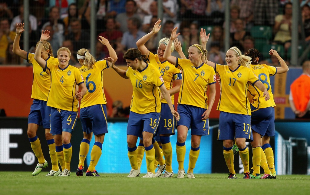 The Sweden team celebrate after scoring their second goal during the FIFA Women's World Cup 2011 Group C match against the US.