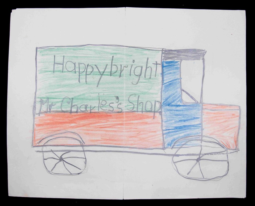 Childhood sketch by King Charles of a delivery van in a Harrod's-style livery 'Happybright, Mr Charles's Shop'