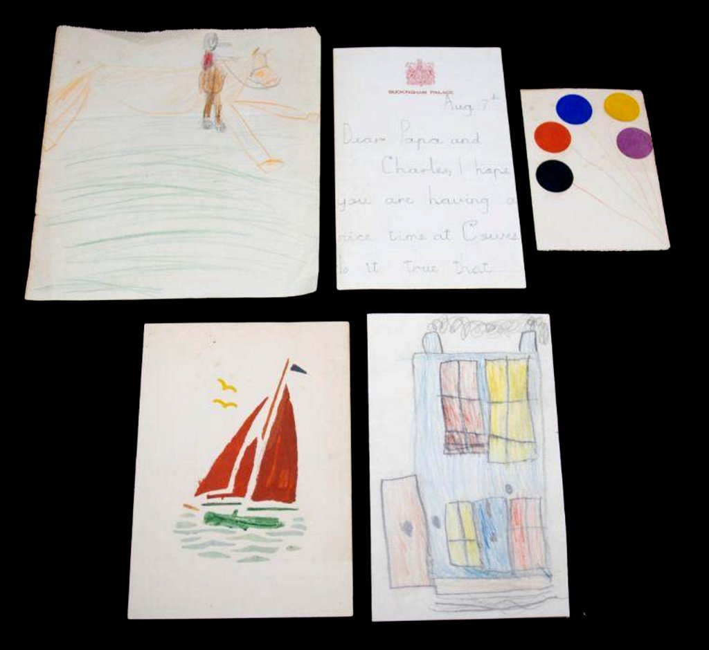 Handmade cards by a very young Princess Anne for her father, Prince Philip