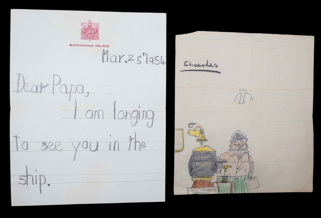 Cartoon and letter from a very young King Charles to Papa
