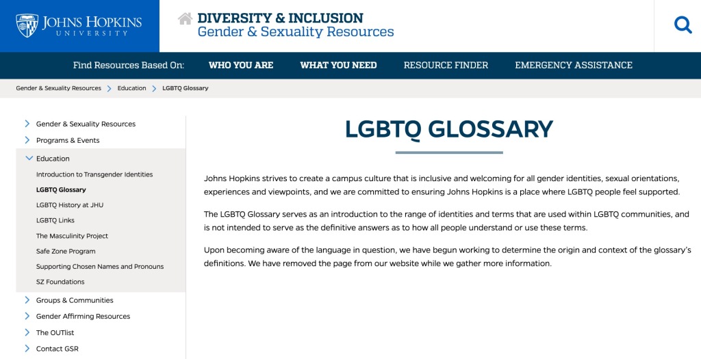 The glossary has since been taken down as the university re-evaluates its definitions. 