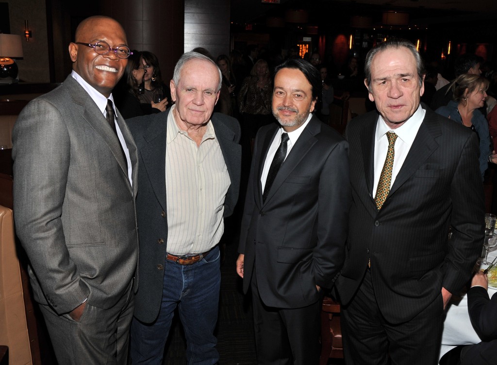 (Left to right) Samuel L. Jackson, writer Cormac McCarthy, HBO Films president Len Amato, and director/actor Tommy Lee Jones attend the HBO Films and The Cinema Society screening of "Sunset Limited" at Porter House in Feb. 2011, in NYC.