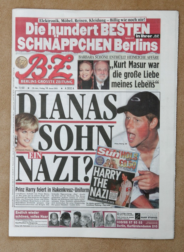 A tabloid cover of Prince Harry. 