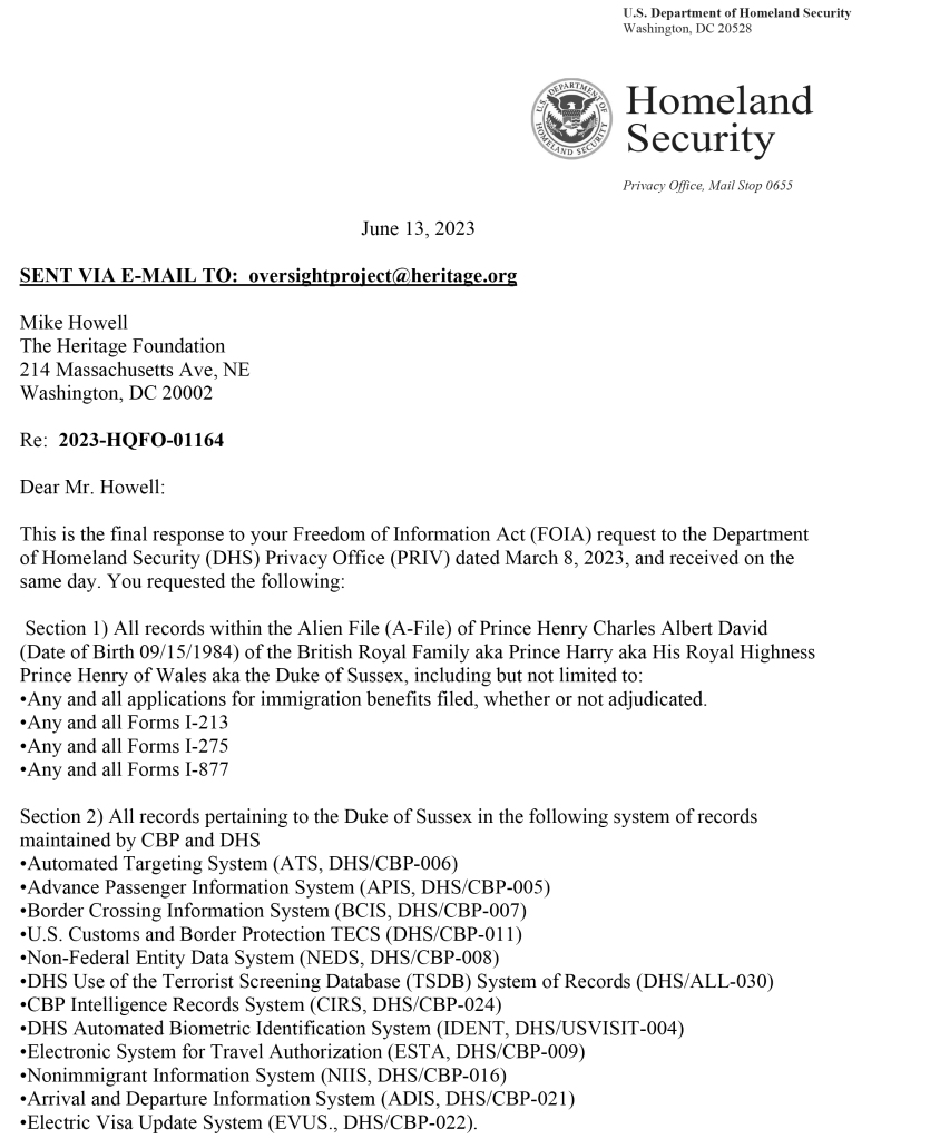 Department of Homeland Security response to Mike Howell's FOIA request on behalf of the Heritage Foundation, page 1. 