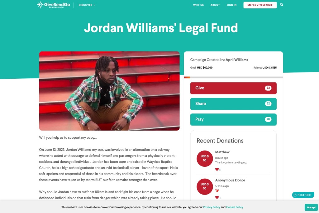 Screenshot of Jordan Williams online fundraiser. 