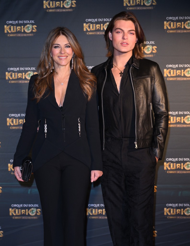 Elizabeth Hurley and Damian Hurley attend the European Premiere of Cirque du Soleil's "Kurios: Cabinet Of Curiosities" at Royal Albert Hall on January 18, 2023 in London, England.