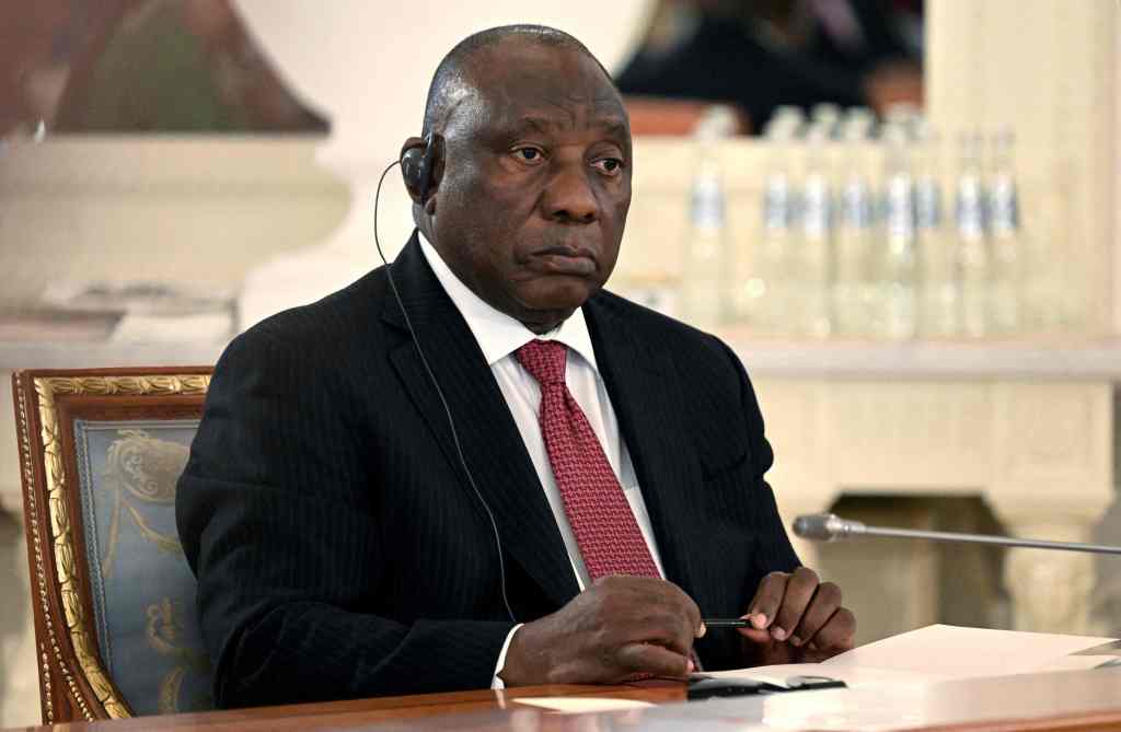 This handout picture taken by RIA Novosti on June 17, 2023 shows South Africa's President Cyril Ramaphosa attending a meeting of Russian president with delegations of African leaders at the Constantine (Konstantinovsky) Palace in Strelna, outside Saint Petersburg.