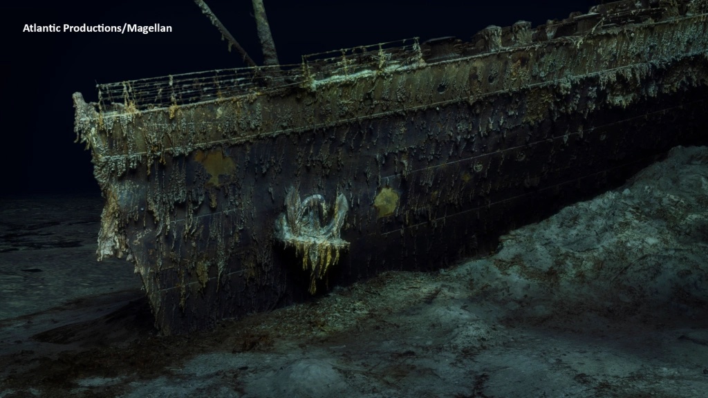 A digital scan image showing the bow of the Titanic, in the Atlantic Ocean, Thursday, May 18, 2023.