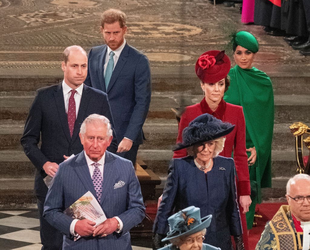 Britain's Prince William, Duke of Cambridge (L), Britain's Prince Charles, Prince of Wales (2nd L), Britain's Prince Harry, Duke of Sussex (3rd L), Britain's Camilla, Duchess of Cornwall (3rd R), Britain's Catherine, Duchess of Cambridge (2nd R) and Britain's Meghan, Duchess of Sussex (R) depart Westminster Abbey after attending the annual Commonwealth Service in London on March 9, 2020