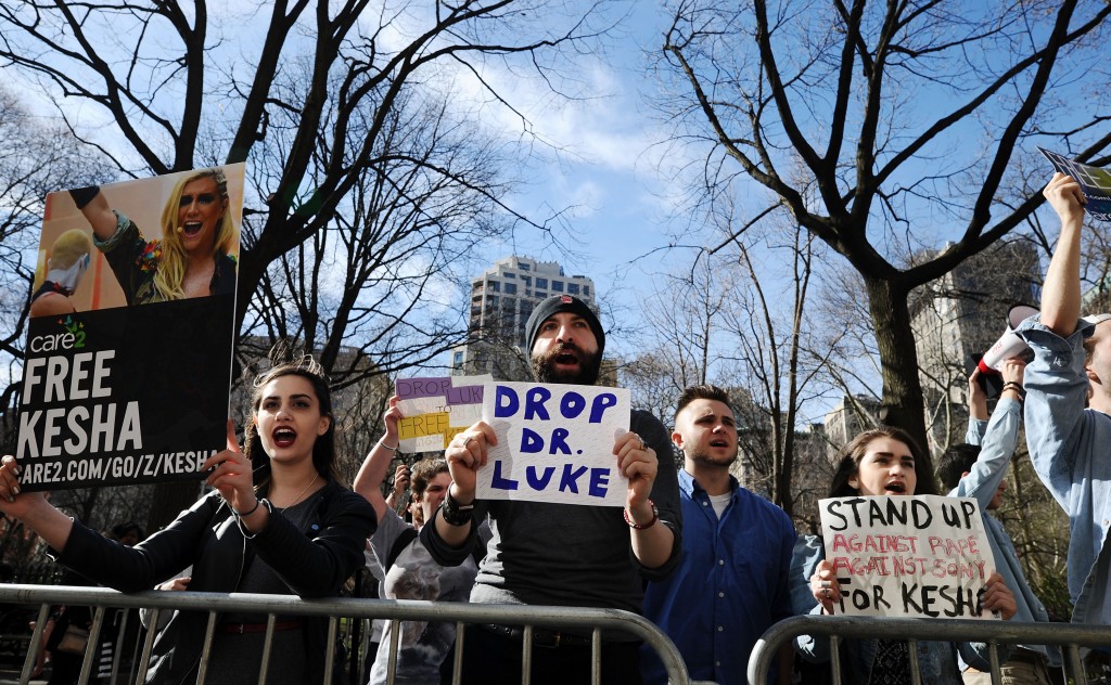 #FreeKesha protestors are seen outside of Sony headquaters at Sony Building on March 11, 2016 in New York City.