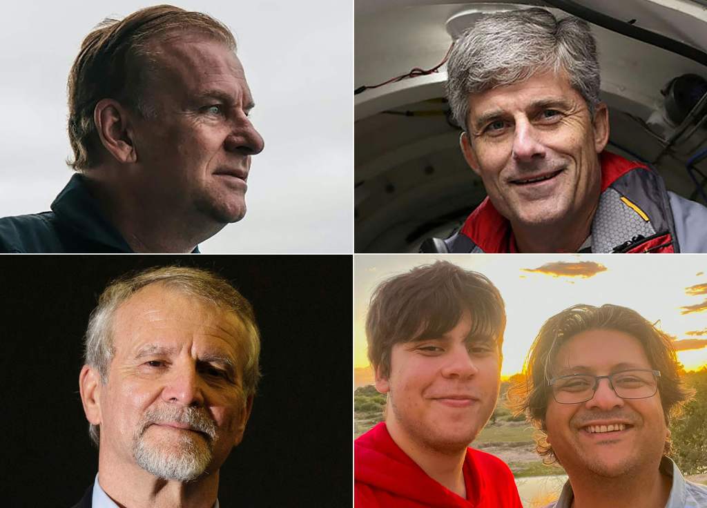 Titan submersible passengers (clockwise from top left): explorer Hamish Harding, OceanGate Expeditions CEO and founder Stockton Rush, Shahzada Dawood and his son Sulaiman Dawood; and Titanic expert Paul-Henri Nargeolet.