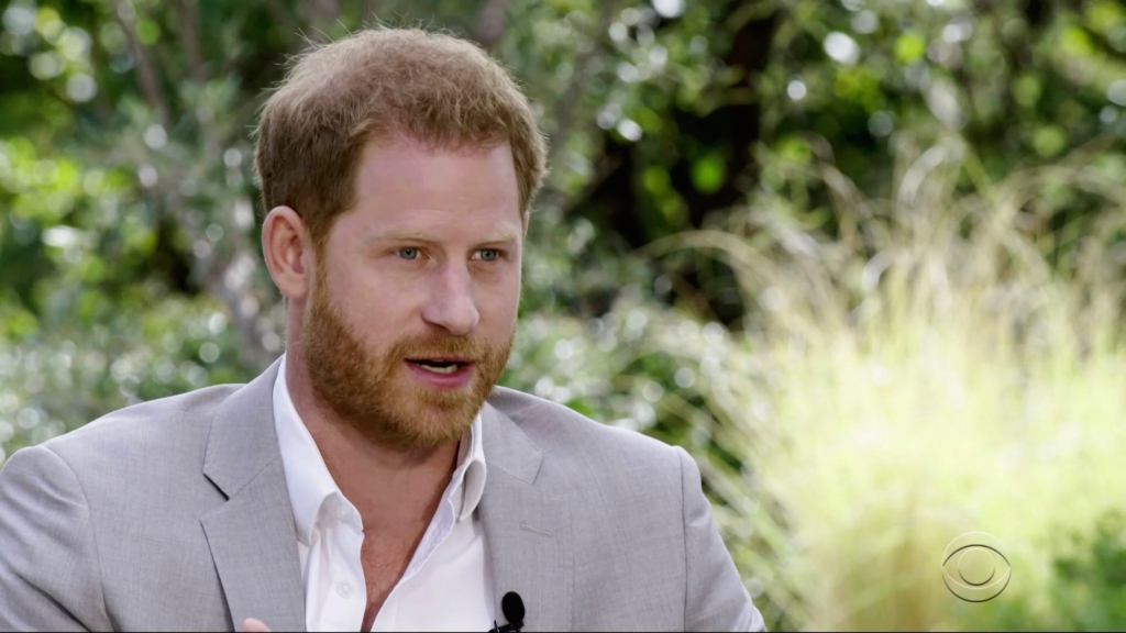 Prince Harry being interviewed by Oprah Winfrey on CBS, Sunday, March 7, 2021