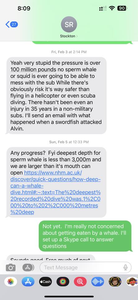 Text messages showing Stockton Rush dismissing safety fears.