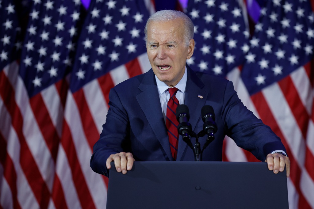 President Joe Biden address a campaign rally on the first anniversary of the Supreme Court's Dobbs v. Jackson decision.