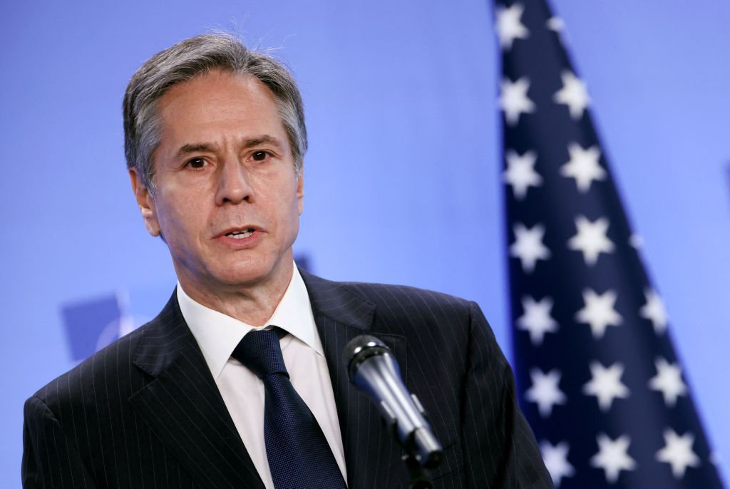 Secretary of State Antony Blinken speaks during a press conference with transatlantic alliance NATO's chief.