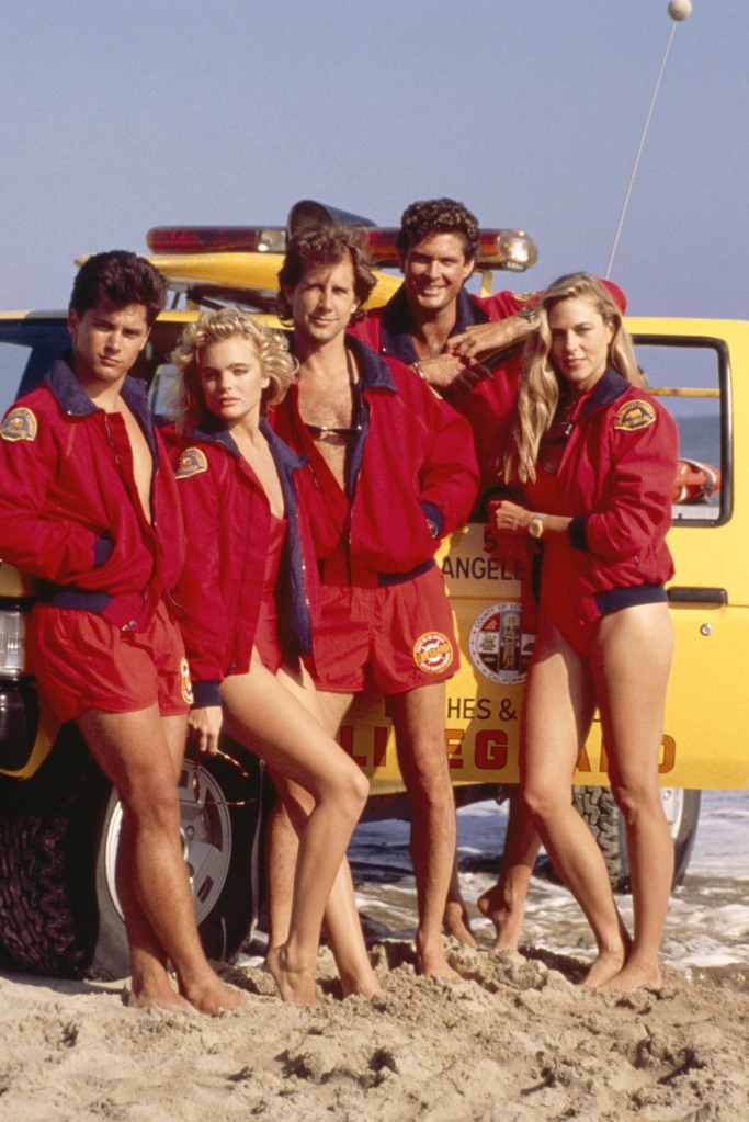 Eleniak is seen second from left with her co-star and ex-fiancé Billy Warlock (far left). Also pictured: Parker Stevenson, David Hasselhoff and Shawn Weatherly. 