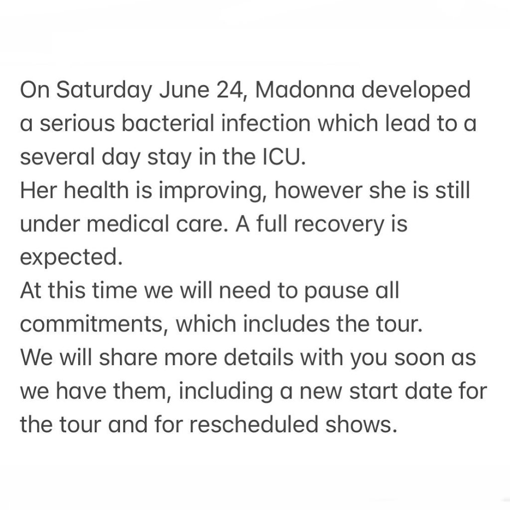 While Madonna has pushed the start of her Celebration Tour until further notice, the source says her team "is hoping she will continue to recover."
