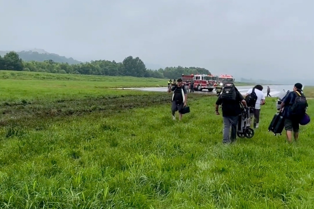 A fire truck and people in a field