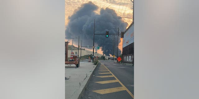 Smoke plumes caused by a tanker fire.