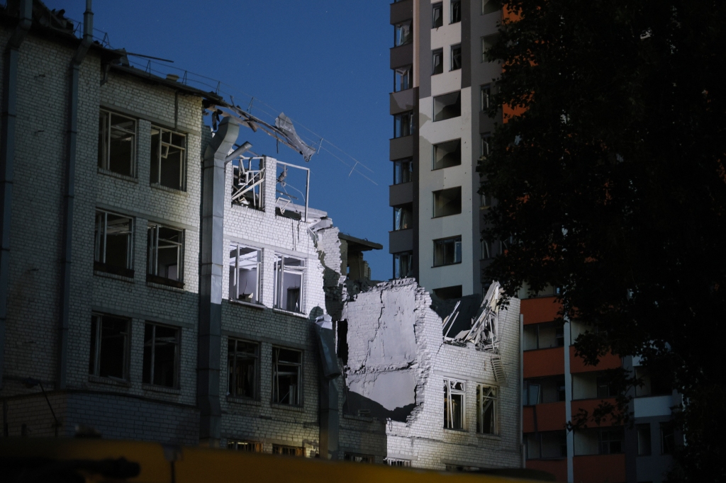 A building is seen damaged by a drone that was shot down during Russia's overnight strike, in Kyiv, Ukraine, on June 1, 2023. 