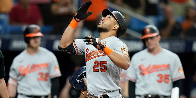 Anthony Santander celebrates home run