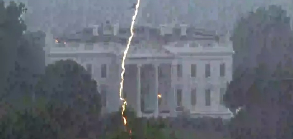 The lightning bolt can be seen striking the tree, sending roughly 950 million volts of electricity down its trunk. 