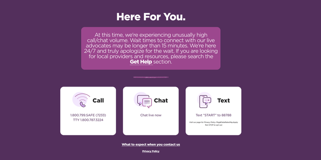 snapshot of DV hotline website telling callers about the high call volume