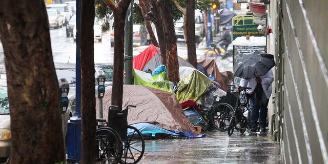 Homeless tents are seen near the Tenderloin District