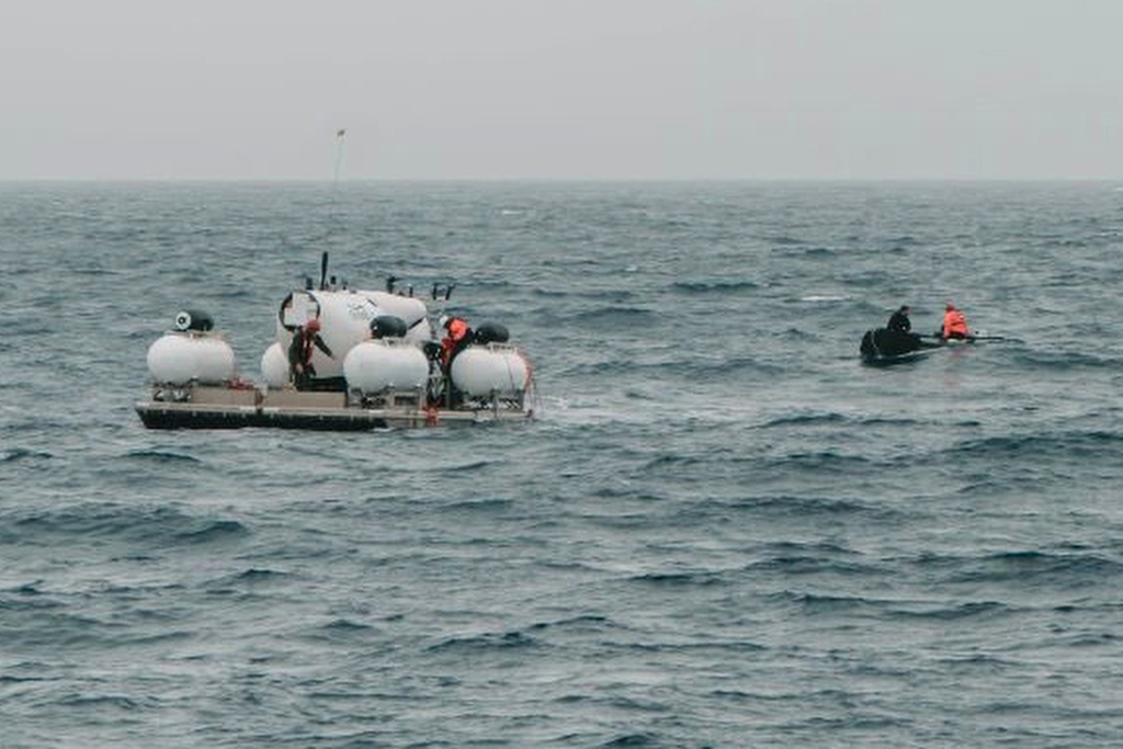 In this image released by Action Aviation, the submersible Titan is prepared for a dive into a remote area of the Atlantic Ocean on an expedition to the Titanic on Sunday, June 18, 2023. 