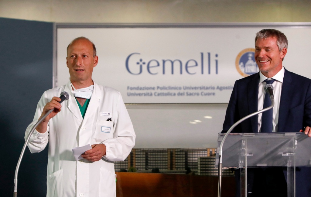 Surgeon Sergio Alfieri, left, speaks to reporters about Pope Francis' health conditions after operating on him at Rome's Agostino Gemelli University Polyclinic, on June 7, 2023. 