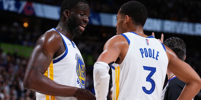 Draymond Green and Jordan Poole talk during the NBA Finals