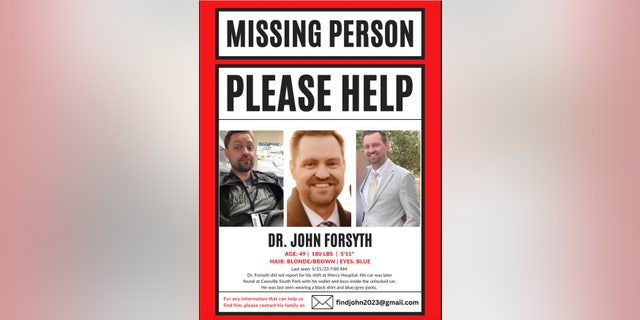 missing person poster with three pictures of Forsyth.