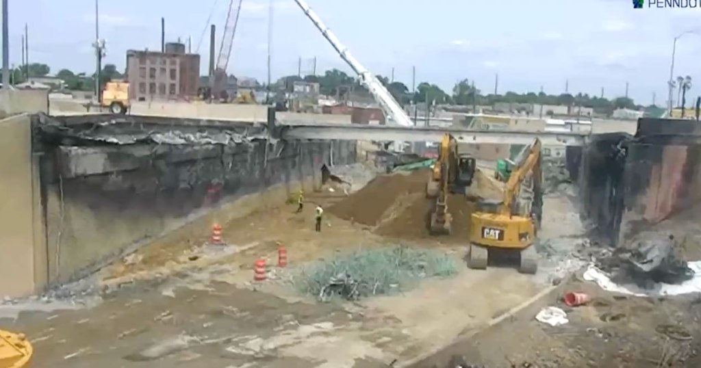 Pennsylvania’s plan for the work involves trucking in 2,000 tons of lightweight glass nuggets for the quick rebuilding, with crews working around the clock until the interstate is open to traffic.